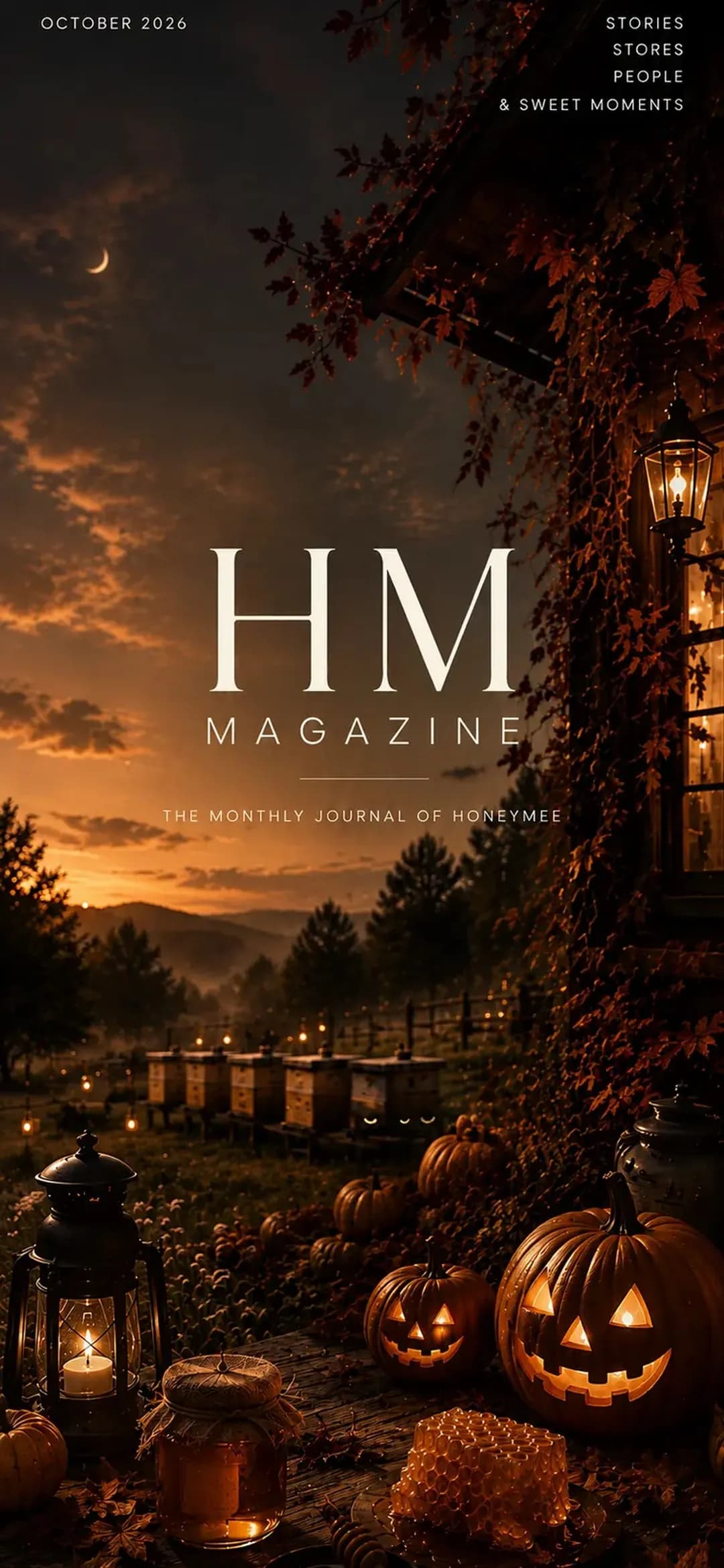 HM Magazine, the monthly journal of Honeymee, October 2026: beehives at dusk with jack-o'-lanterns, a lantern, a honey jar and honeycomb. Stories, stores, people and sweet moments.