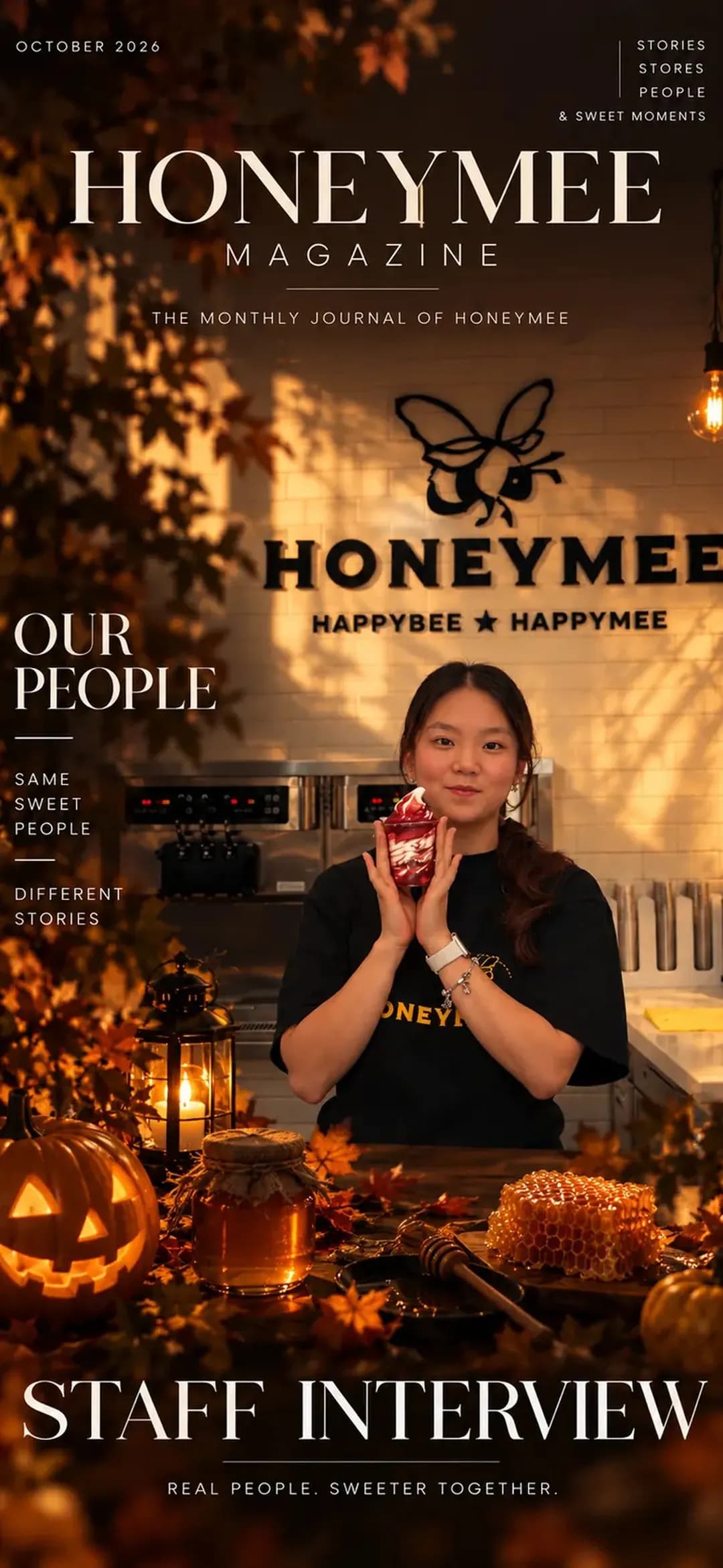 Our People: same sweet people, different stories. A Honeymee team member in a Honeymee T-shirt holds up a soft serve cup in front of the HONEYMEE HAPPYBEE HAPPYMEE sign. Staff interview: real people, sweeter together.