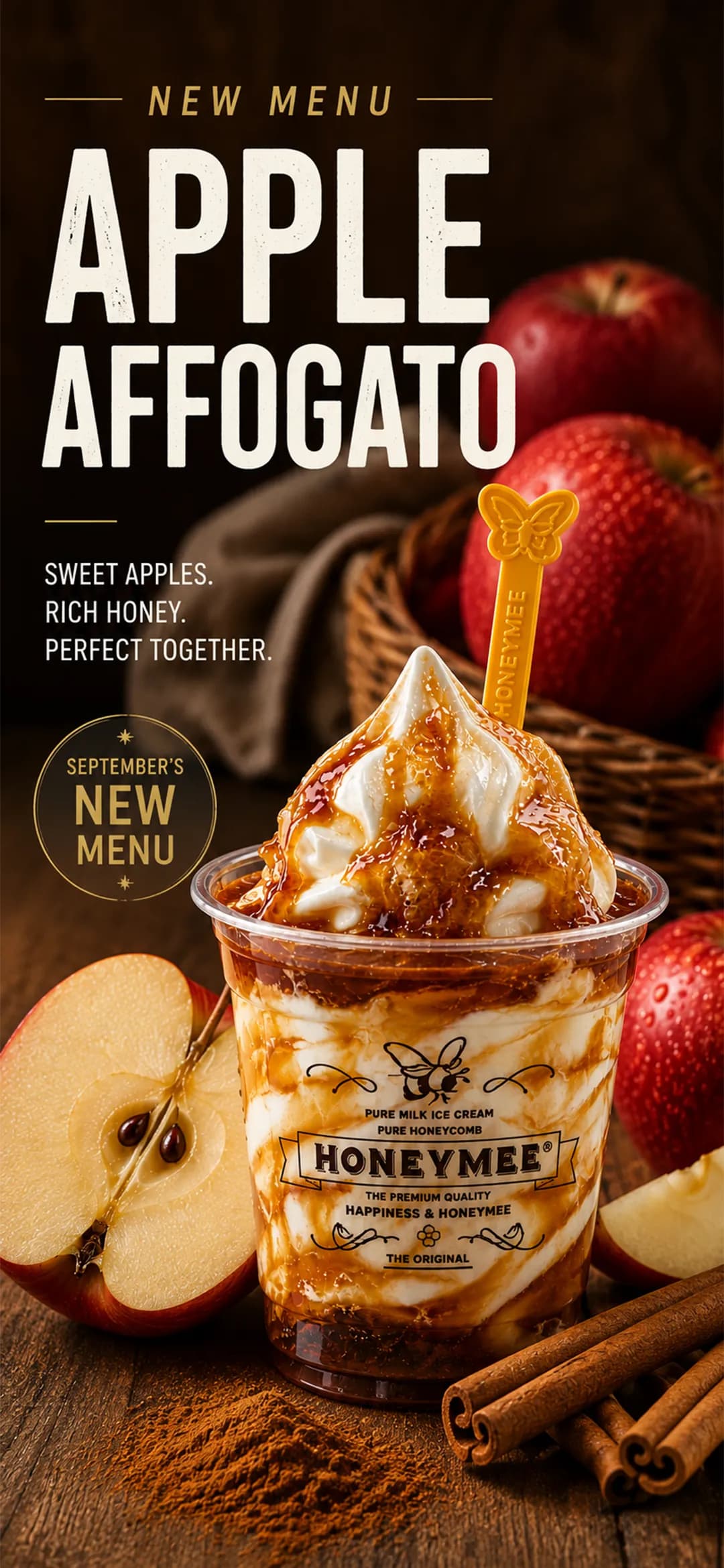 New menu: Apple Affogato, September's new menu. Sweet apples. Rich honey. Perfect together.