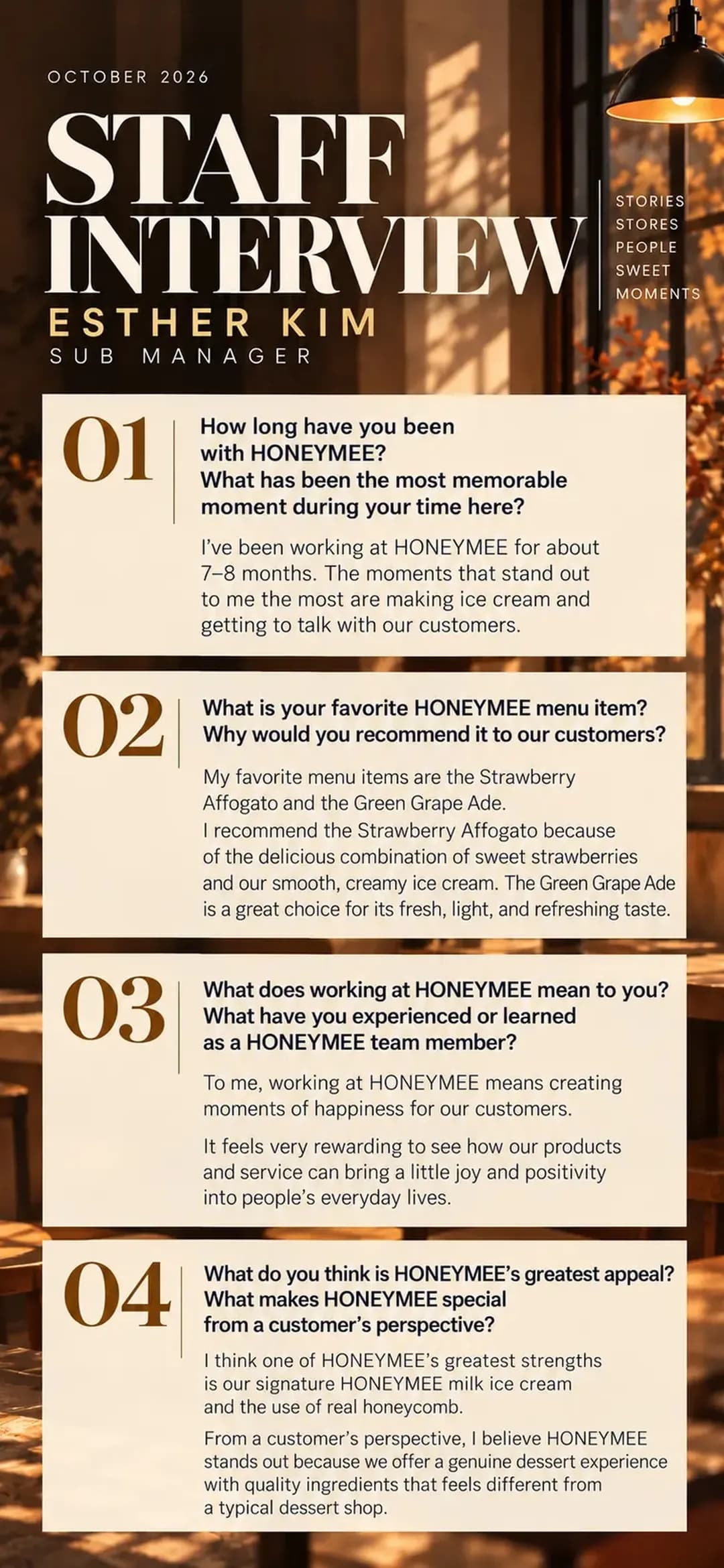 Staff interview with Esther Kim, sub manager: four questions and answers about her time at Honeymee, her favorite menu items and what makes Honeymee special.